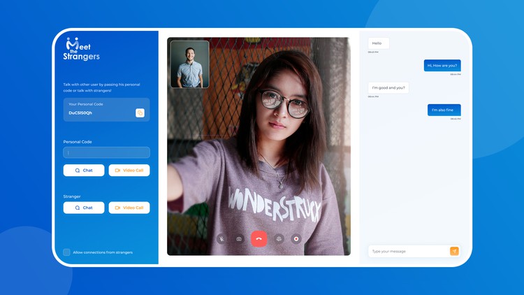 WebRTC 2021 Practical Course. Create Video Chat Application Learn WebRTC by creating the Meet the Strangers app (Omegle clone with direct calls possibility) with vanilla JavaScript